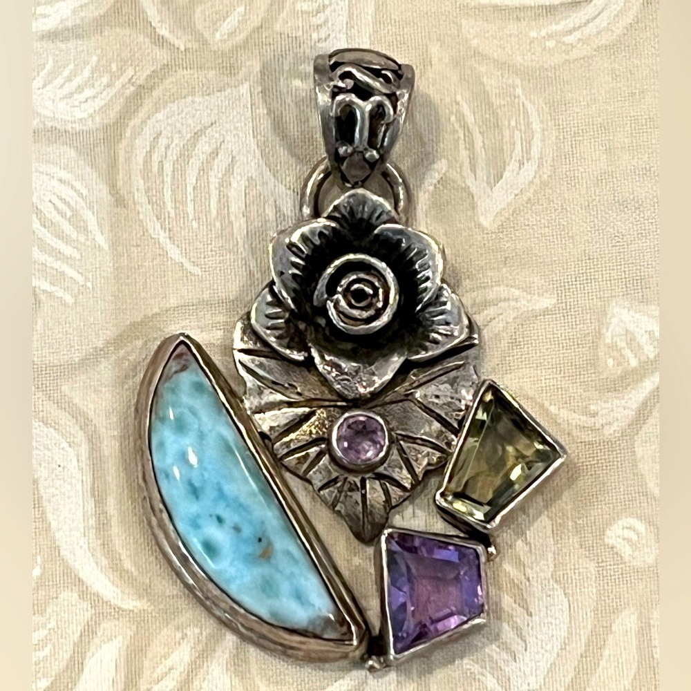 Genuine Larimar Amethyst and Peridot 0.925 Sterling Silver Necklace Pendant